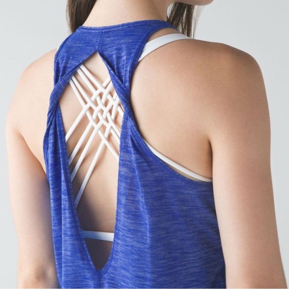 Lululemon Trapeze Twist Open Back Light Luon Tank Top Heathered Harbor Blue